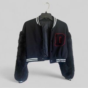 Faux Fur Sleeve Letterman Varsity Baseball Bomber Jacket Cropped Small Black